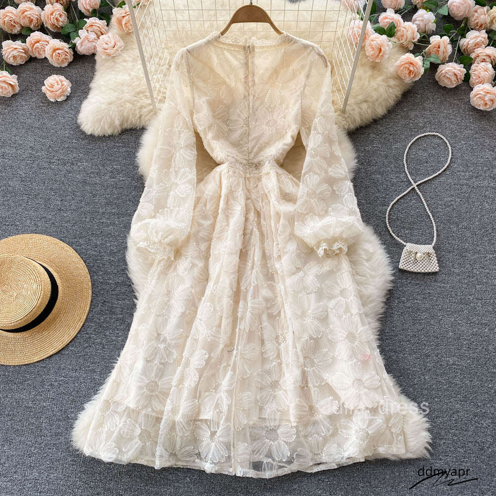 Gentle And Feminine Slim Waist Knee ddmyday Length Long Sleeve First Love A-Line Skirt Elegant Temperament V-Neck Lace Dress ddmyday ddmyday ddmyday d