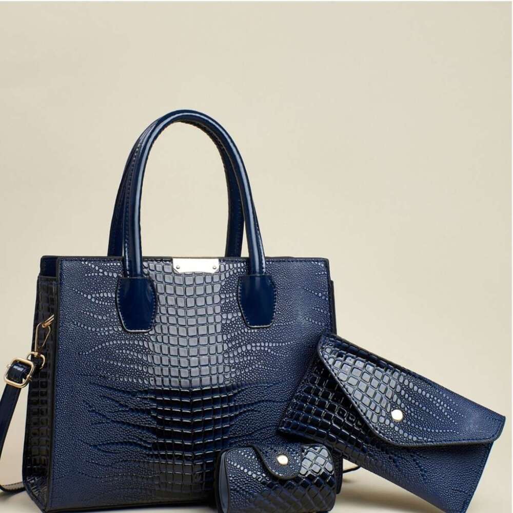 New Simple Lizard Texture Capacity Three-Piece Set Solid Color Versatile Stylish Women's Large Bag