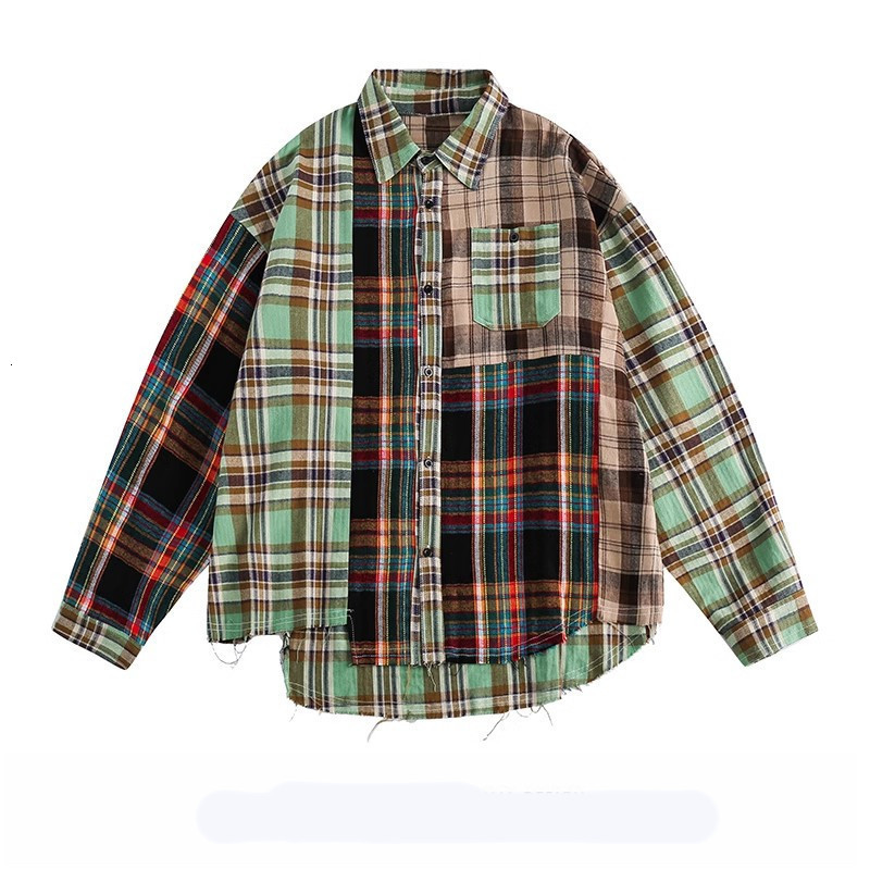 Trendy Irregular Colorful Plaid Panel Long Sleeve Shirt Mens American Street Hip Hop Design Loose Top240802