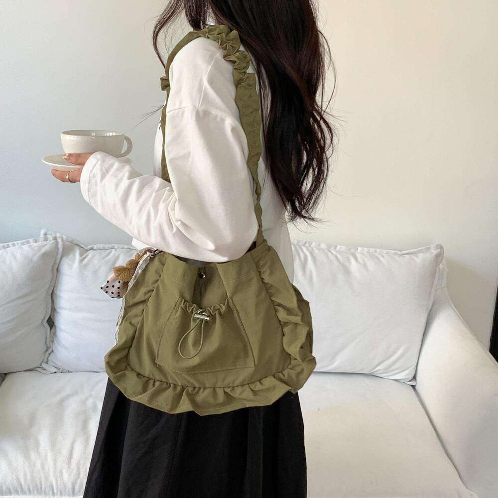 Lace Ruched Cute Casual Daily Commute Solid Color Nylon Fashion New Student Shoulder Bag for Women