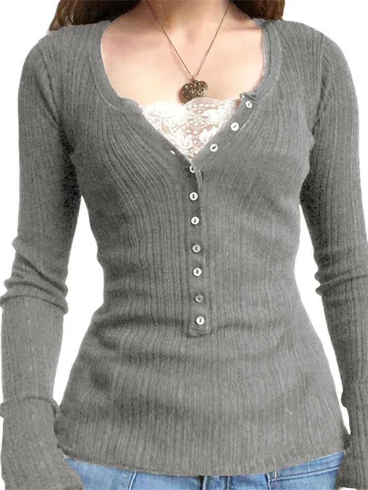 Women Button Front Knit Tops Long Sleeve Lace Patchwork Slim Fit Sweater Fall Fairy Grunge Gothic Y2K Clothes Z250905