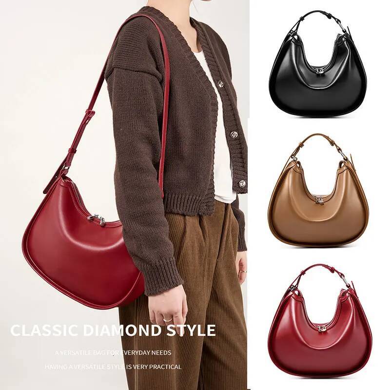 Designer Women's 2025 New Genuine Leather Women Shoulder Bag High Quality Cowhide Half Moon Handbags Crossbody Bags
