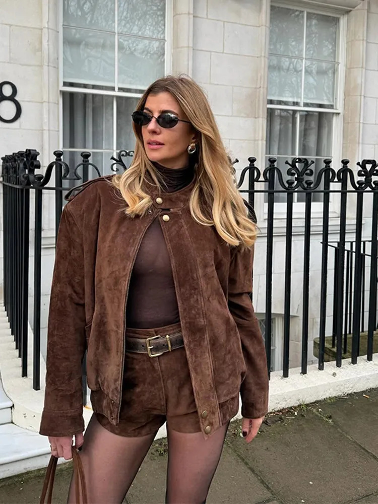 Vintage Suede Long Jacket Loose Lapel Double Breasted Belts Coats Female 2025 Autumn Winter Fashion Solid Thick Outwears 250905