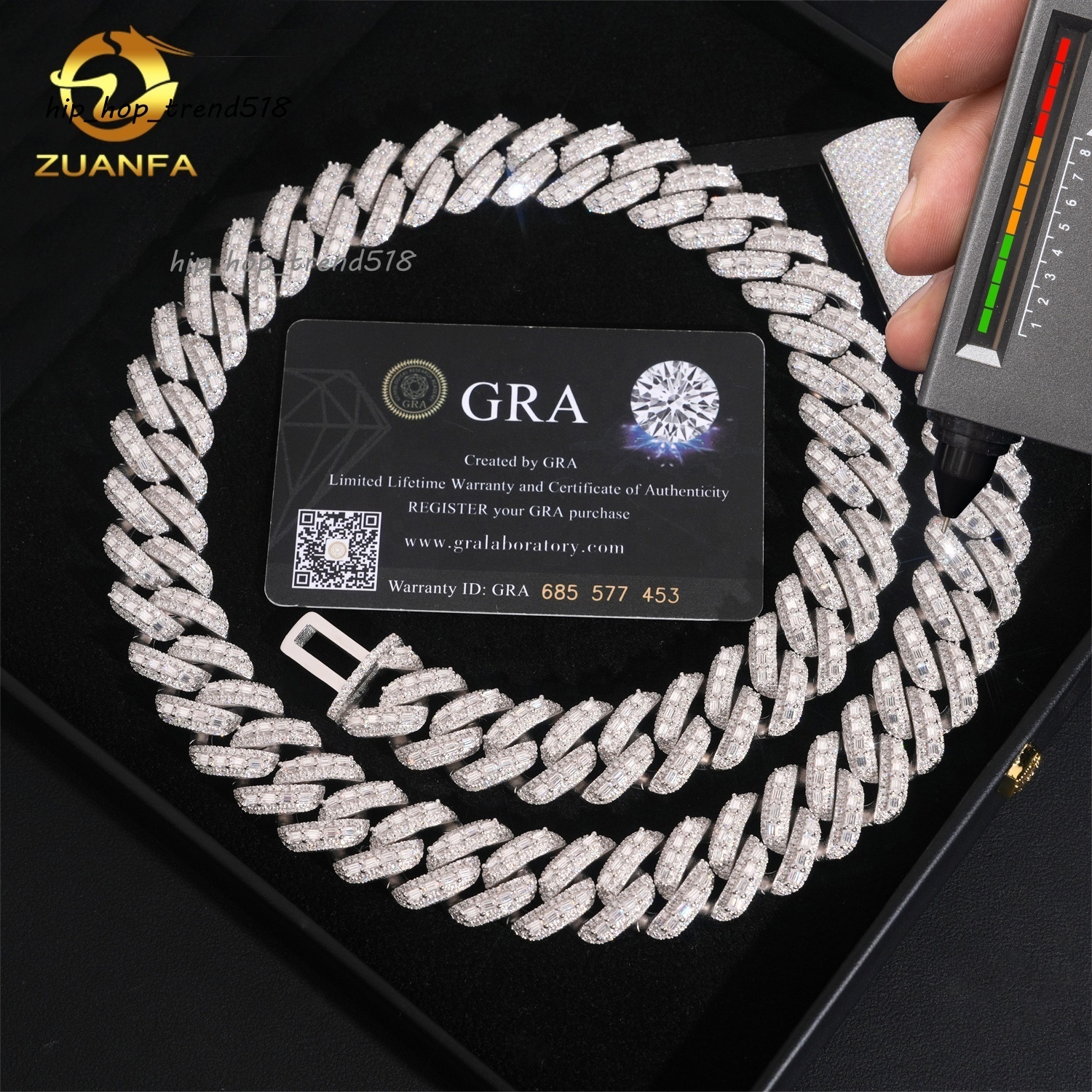 Hip Hop Jewelry 18mm Width Solid Heavy Baguette Diamond Iced Out 925 Sterling Silver Cuban Link Chain