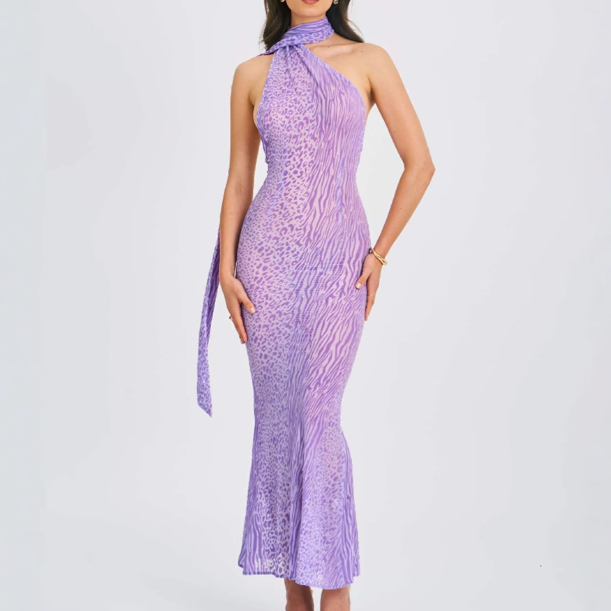 25 Strap Backless Sexy Halter High Waist Sheer Mesh Asymmetrical Shoulder Slim Dress