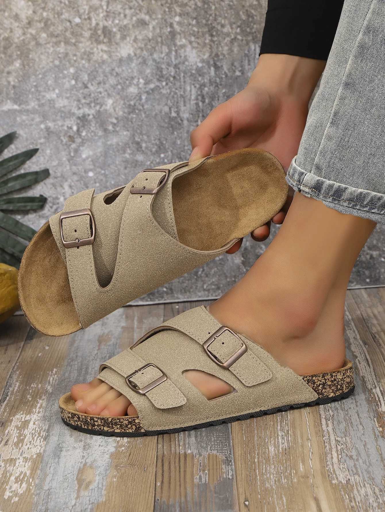 Mens Casual Simple Buckle Adjustable Set with Suede Upper Wood Grain SoftSoled Slippers W250905