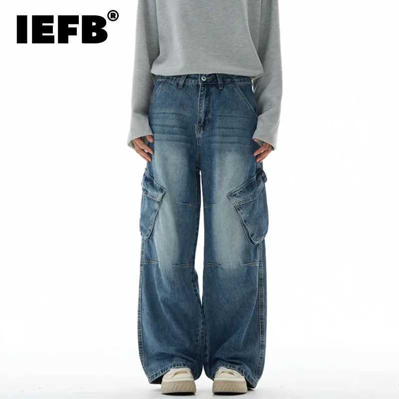IEFB American Style Mens Jeans Washed Lager Double Pocket Contrast Color Streetwear Loose Wide Leg Male Cargo Denim Pants 9X427 W250905