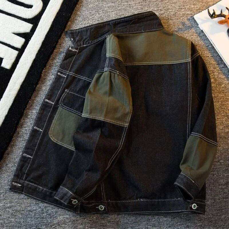 Denim Jackets Man Gray Splicing Autumn Cowboy Coat for Men in Lowest Price Trendy Size L Korean Popular Clothes Worn Outwear Y2k