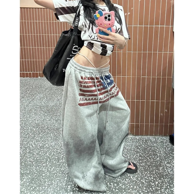 European and American autumn and winter college style casual sports pants lazy and loose slimming and wide leg pants 250905