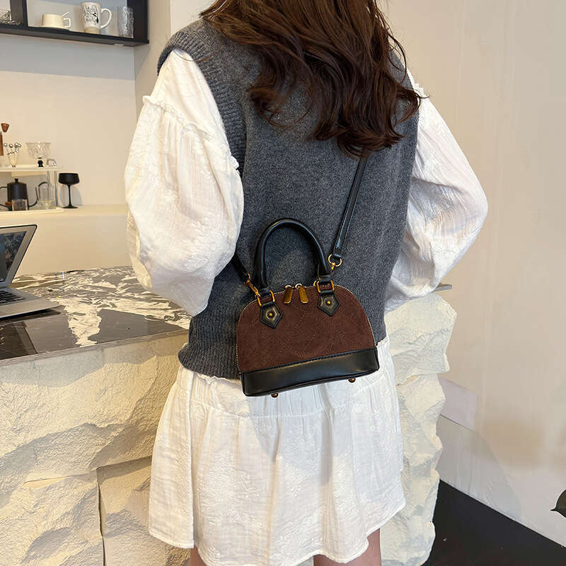 DHEssentials 2025 Women's Quilted Shell Bag, Faux Suede PU, Crossbody Shoulder Handbag, Color Block, Urban Minimalist, Black/Brown