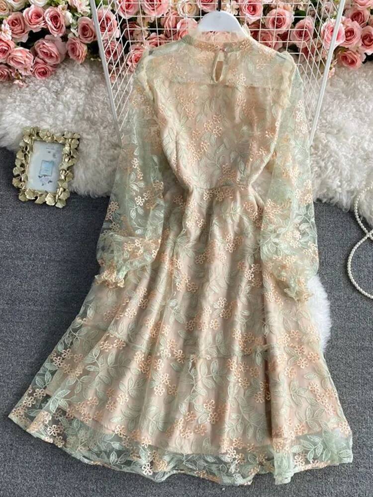 2025 New Luxury Mesh Lace Embroidered Flower design Dress Summer New Women's Long Sleeve Flower Embroidered Ruffle Office Party Midi Dress Design