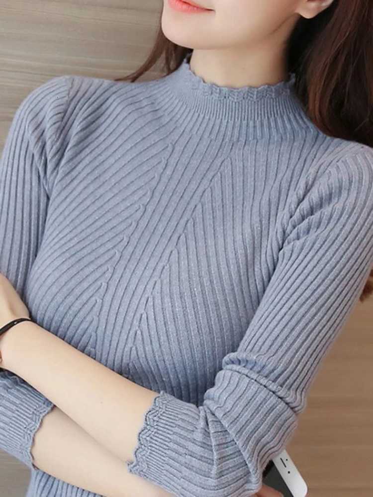 2025 Autumn Women Mock Neck Ruffles Sweater Long Sleeve Knitted Bottoming Solid Pullovers Stripe Women Casual Sweater Winter Z250905