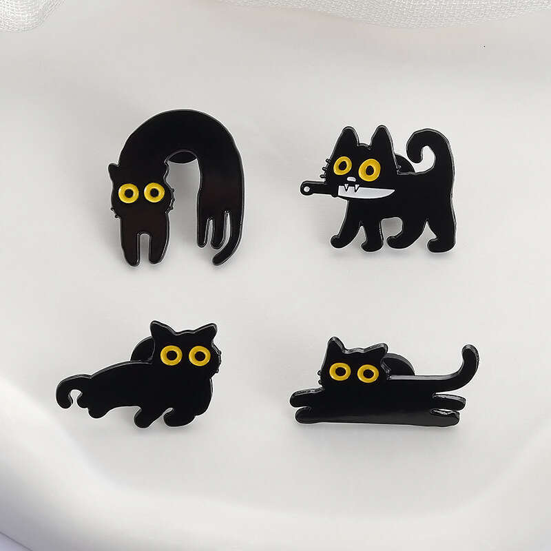 Hot Selling New Cute Black Series Brooch Creative Personality Cartoon Liquid Cat Design Badge