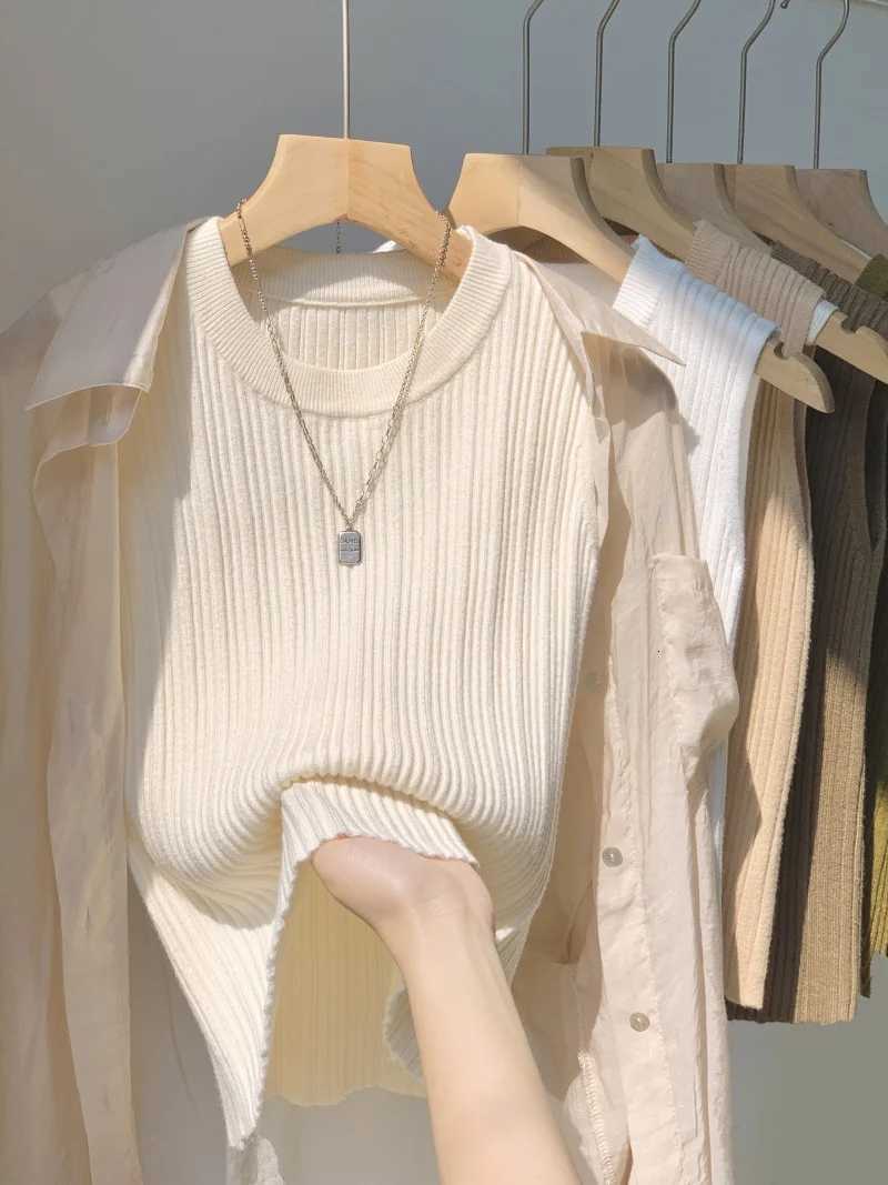 AOSSVIAO 2025 New Waistcoat Women Wear Screw Thread Wide Edge Temperament Summer Top Short Knit Sleeveless Bottom Shirt Z250905