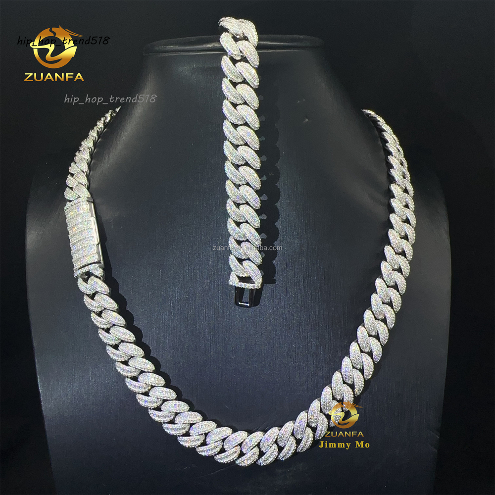 GRA Certificate Popular 925 Solid Silver 13mm Moon Shape Big Guy Buss Down Iced Out Hip Hop Moissanite Miami Cuban Link Chain