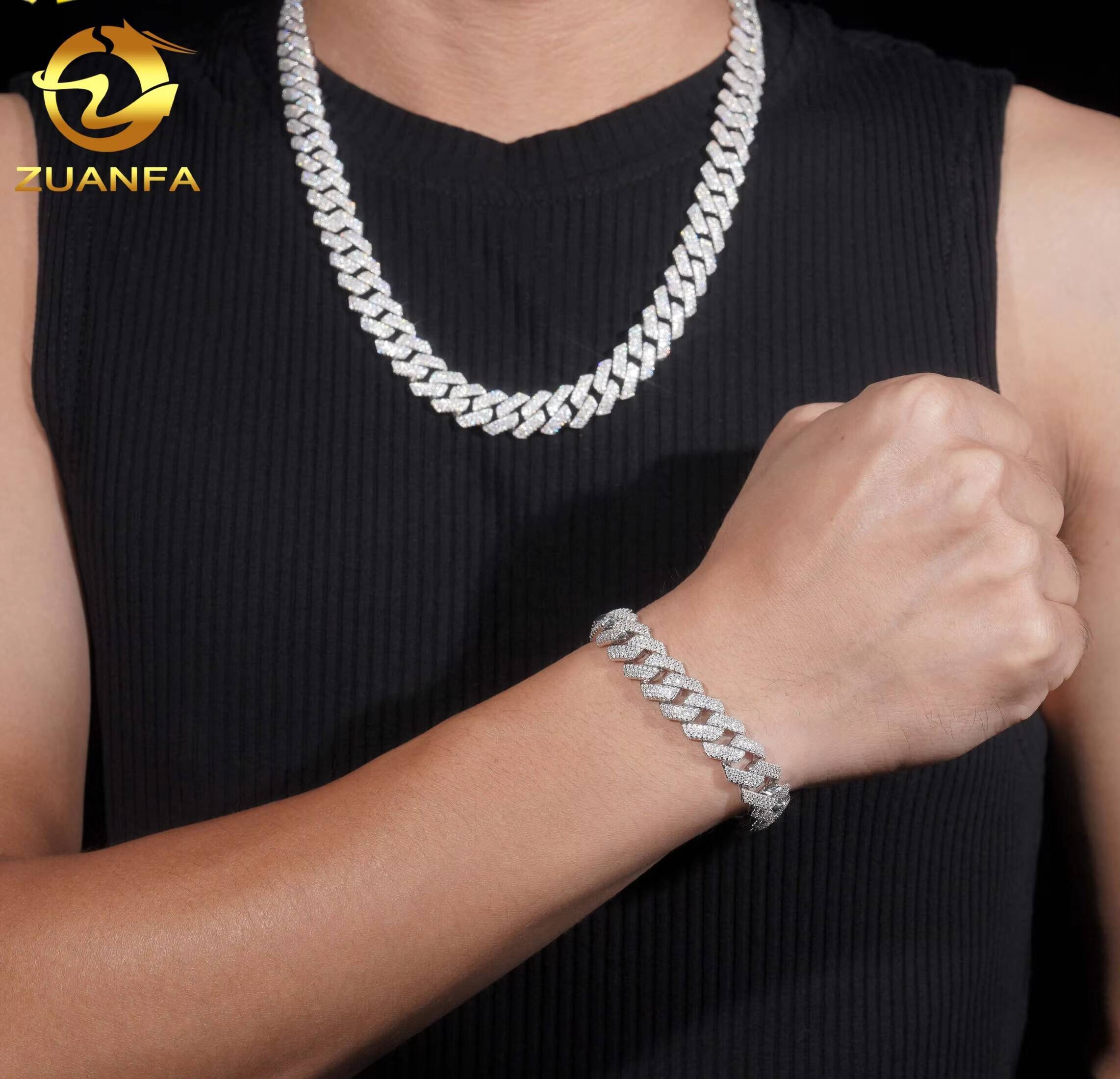 13MM Width Three Row Diamond Cuban Necklace Bracelet Silver 925 VVS Moissanite Diamond Iced Out Hip Hop Cuban Link Chain