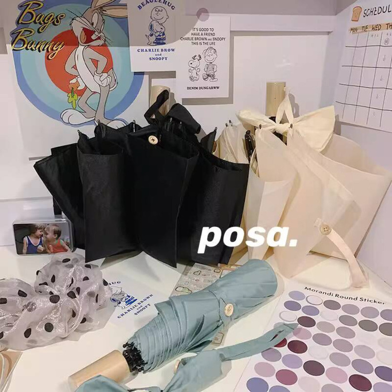 Posa Korean Style Fresh Simple Black Coating Dual-use Solid Wood Handle Three-fold Folding Compact Portable Sunshade Rain Umbrella