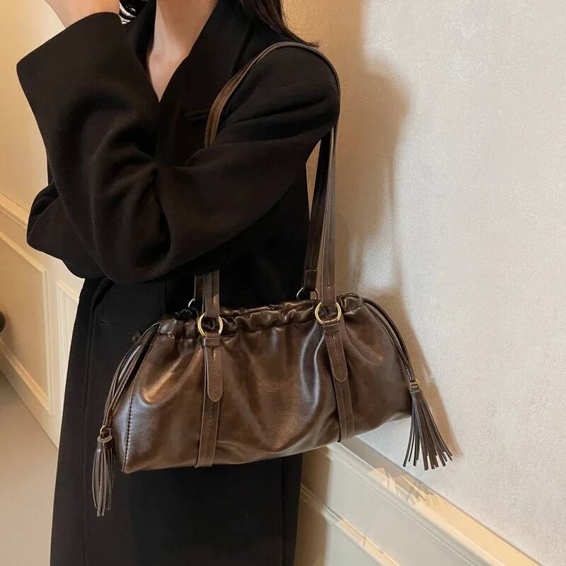 Vintage Womens Retro Tote Large Capacity PU Leather Boston Ruched Buckle Closure Hobo Bag Solid Color for Outdoor Travel high-quality