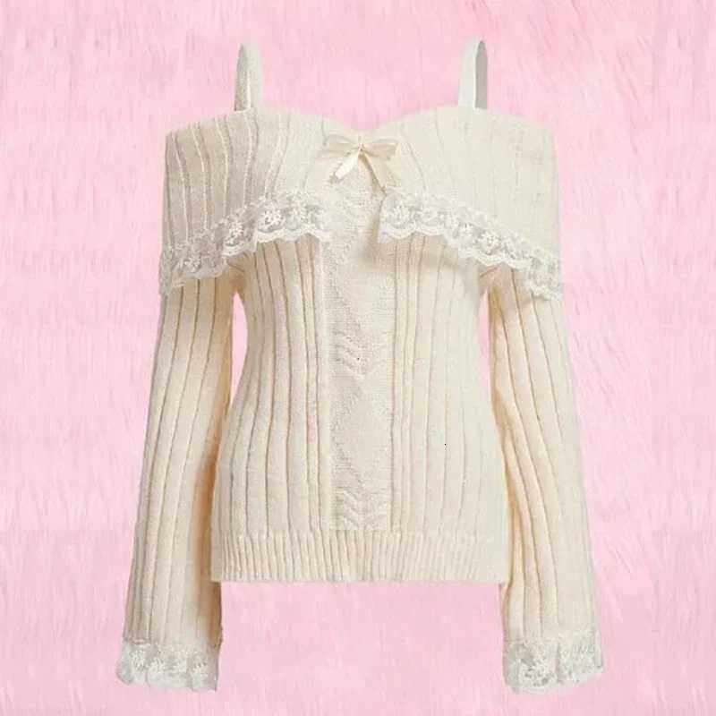 Women Off Shoulder Knit Sweater Pink Pullover Sweet Pullovers Long Sleeve Bow Lace Patchwork Jumpers Y2k Streetwear Z250905