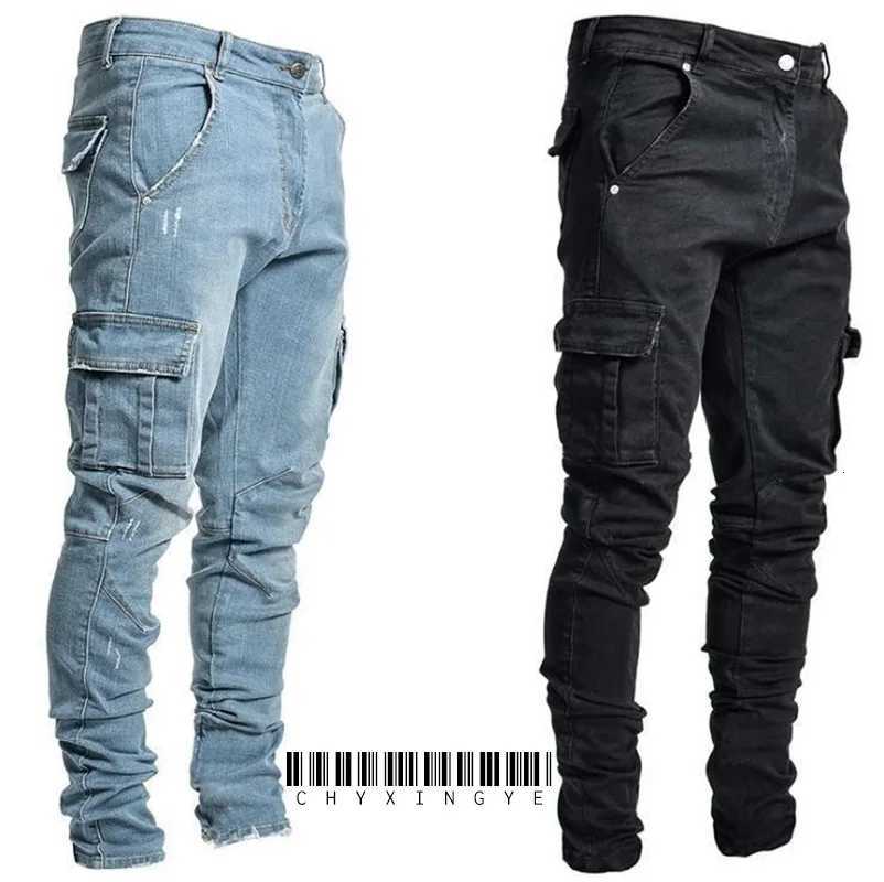 Street Elastic Jeans Men Denim Cargo Pants Wash Solid Color Multi Pockets Casual Mid Waist Trousers Slim Fit Daily Wear Joggers W250905