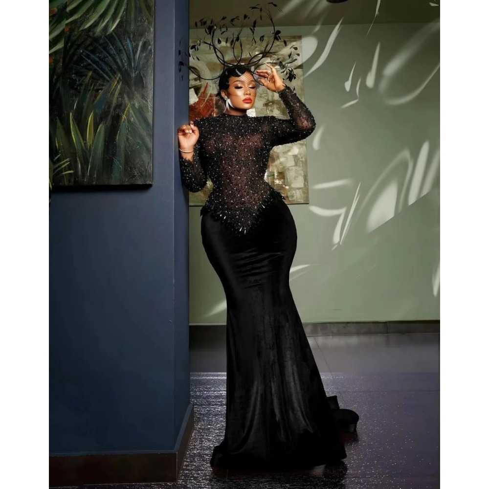 Customized Classy Black Velvet African Birthday Dress Formal Occasion Gown Aso Ebi Beaded Sequins Prom Party Dress