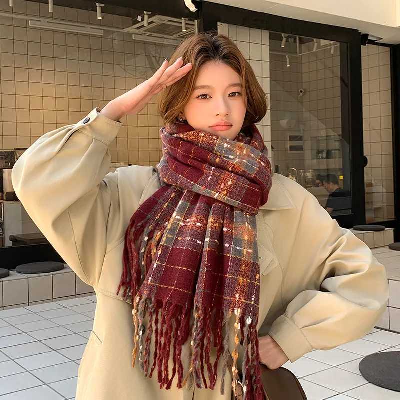 2025 New Korean Style Faux Cashmere Scarf Wr Winter Elegant Plaid Warm Shl Cute Versatile NeckwearXJ250905