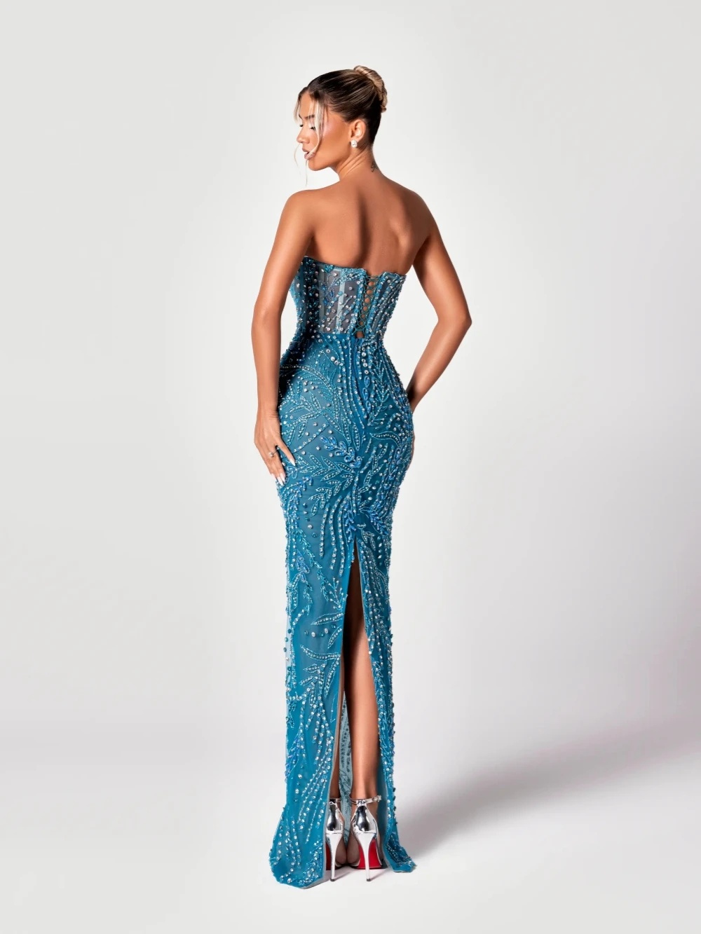 Elegant Rhinestone Evening Dresses Strapless Beading Prom Dress Sleeveless Illusion Split Mermaid Party Gowns Vestidos De Noche Plus Size