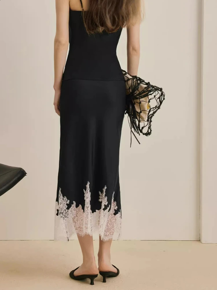 Summer Lace Patchwork Satin Midi Skirt HighQuality Elegant for Women Daily Office Vacation Wear 250905