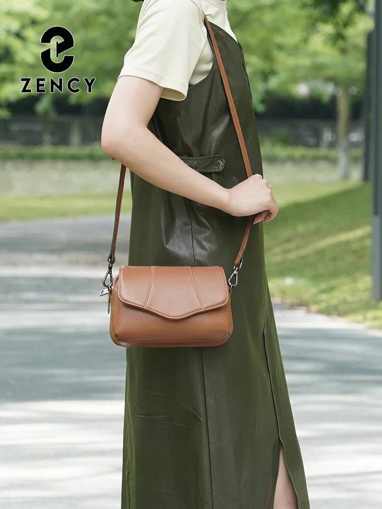 Zency 2025 Genuine Cowhide Leather Crossbody For Women Simple Multi-Compartment Shoulder Handbag 0905