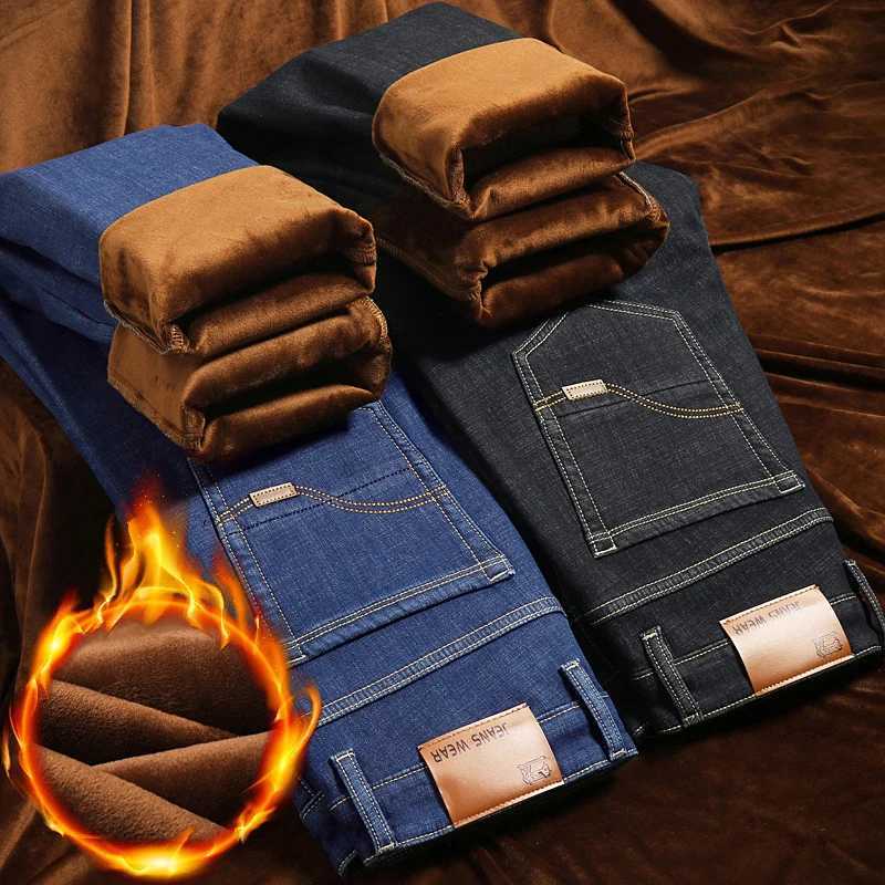 Winter New Mens Fleece Warm Jeans Slim Stretch Fashion Casual Denim Pants Classic Thickened Plush Male Clothing Black Blue W250905