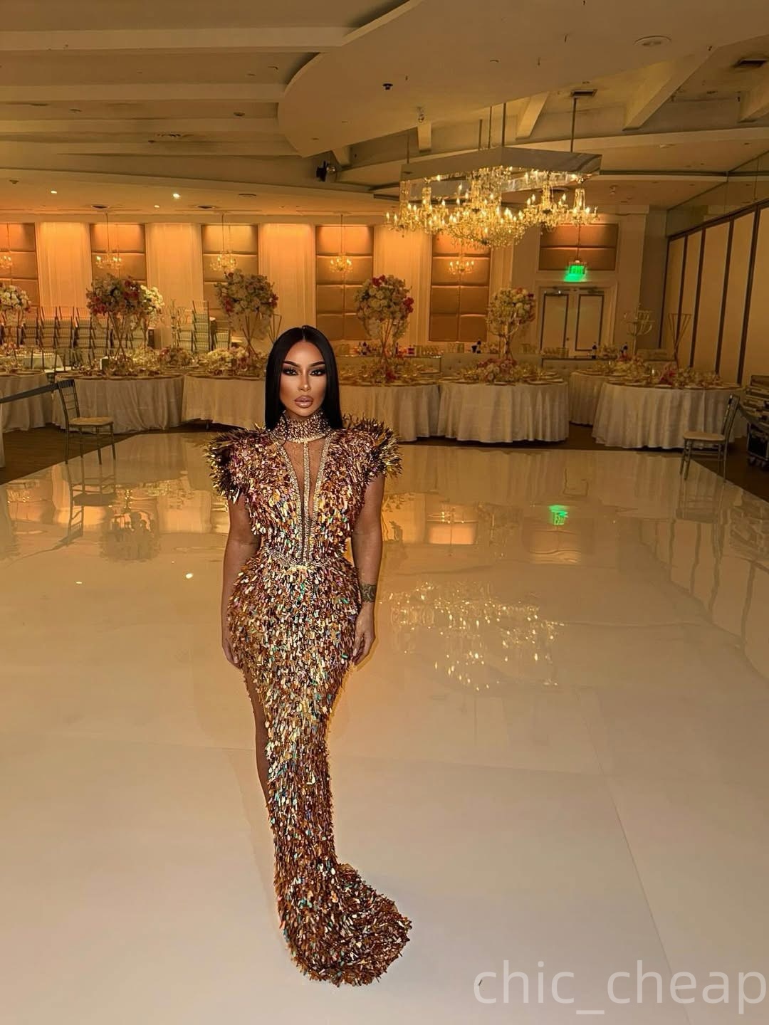 Aso Ebi Gold Sheath Prom Dresses 2025 Sequined Crystals High Split Evening Formal Party Second Birthday Engagement Gowns Plus Size Dress For Special O