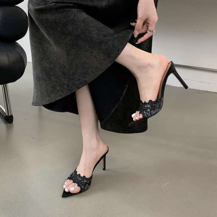 35-42 Plus Size Elegant Champagne Lace Embroidered Pointed High Heels Feminine Peep Stiletto Open Toe Slip-On Sandals