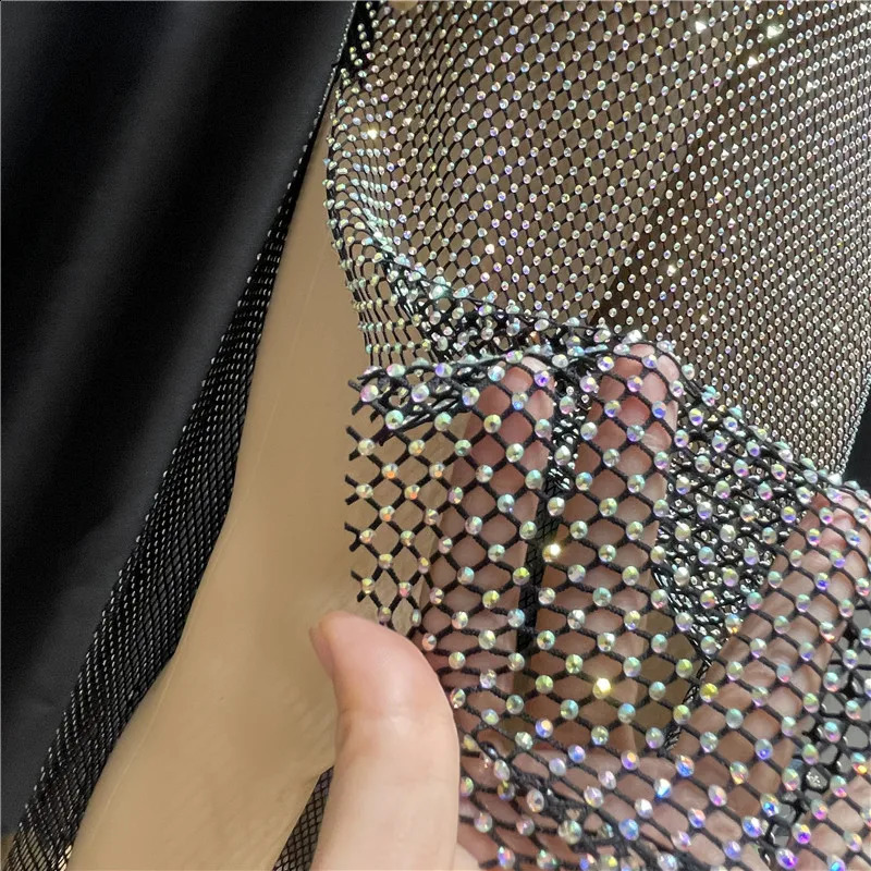 Sexy See Through Rhinestone Club Split Dress Women Crystal Glitter Evening Party Dresses Long Fishnet Beach Slash Neck Dress 250815