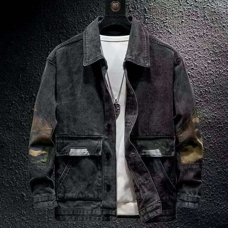 Men's Denim Jacket Brown Plus Size Cargo Male Jean Coats Camouflage Fast Deery of Fabric Korean Popular Clothes Vintage Elatic