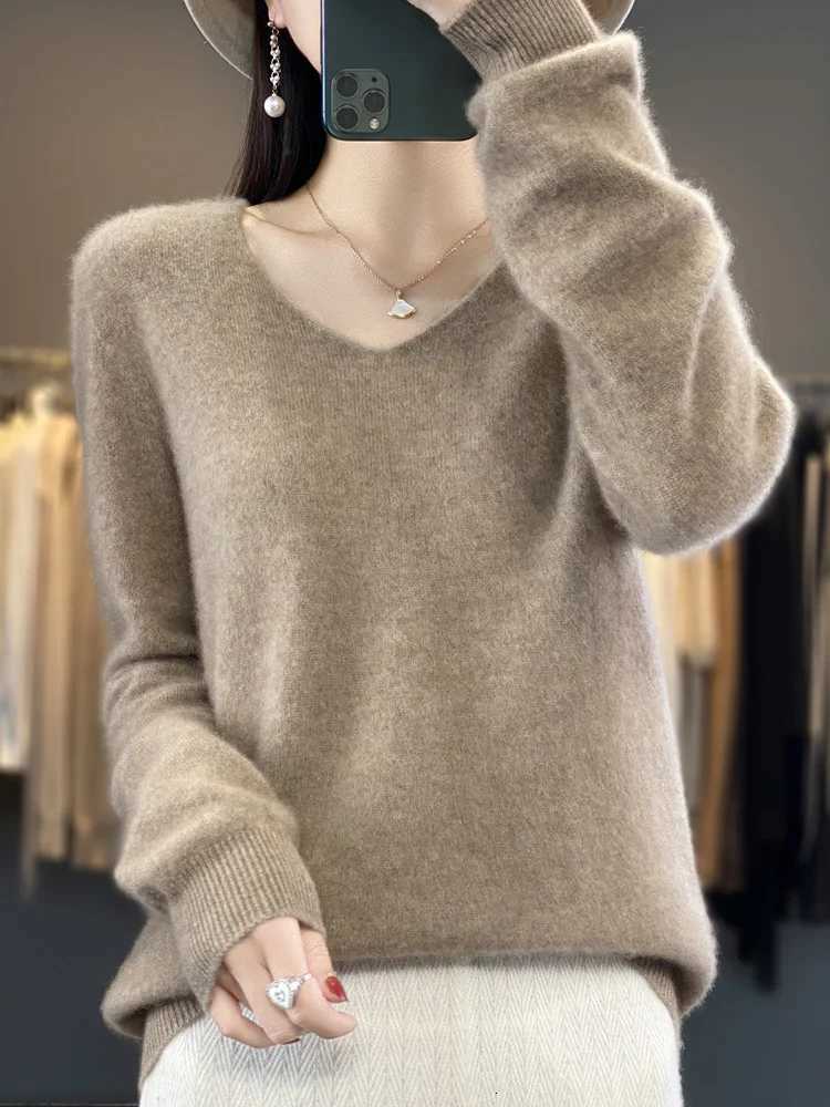 Fashion100 Merino Wool Sweater Cashmere Pullover Women Knitwear VNeck Long Sleeve Autumn Winter Fashion Basic Clothing Tops Z250905