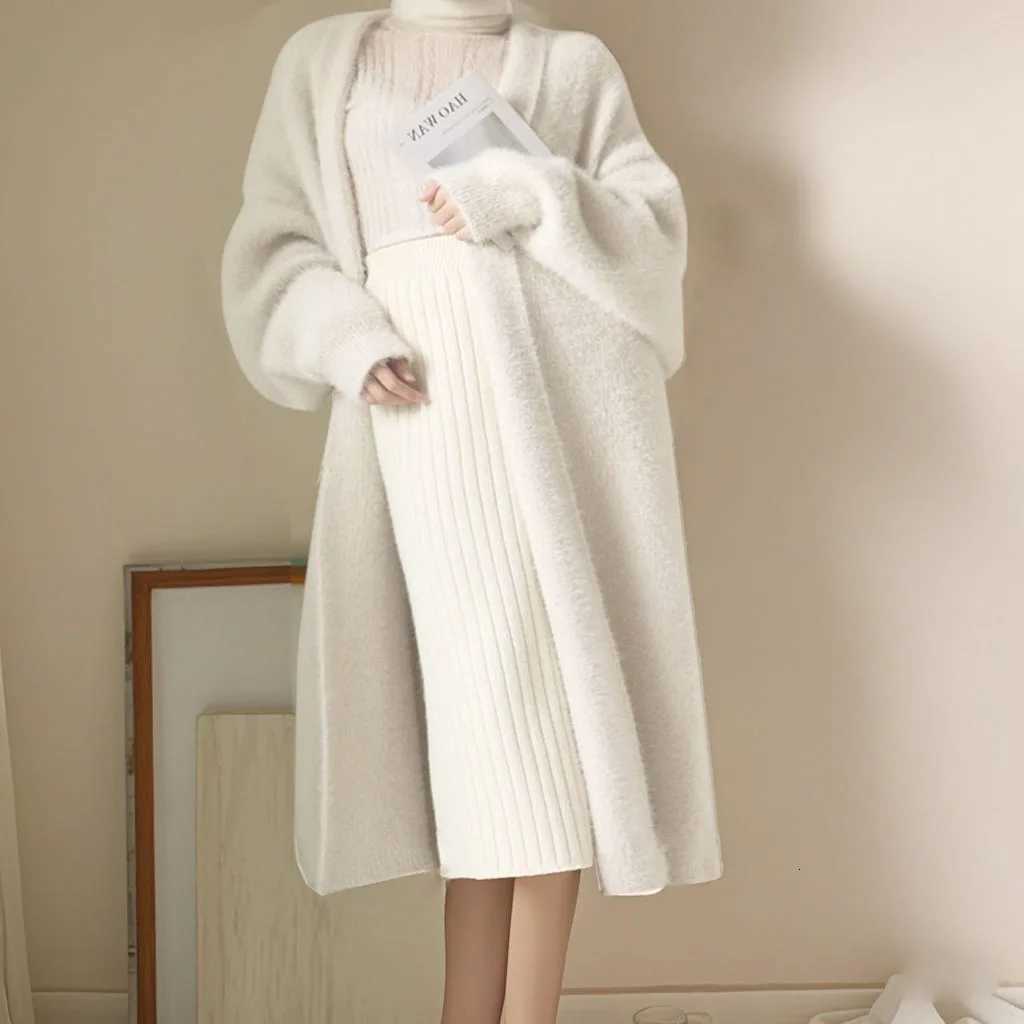 white Long Cardigan for women winter clothes Knitted fluffy long sleeve Cashmere sweater coat clotkorean style warm vintage Z250905