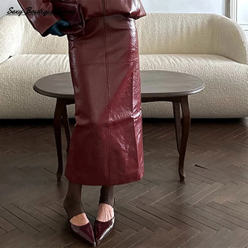 Pu Leather Jacket Skirt Sets Stand Collar Loose Coat Low Waist Solid Long Autumn Coats Lady Outfits 250905