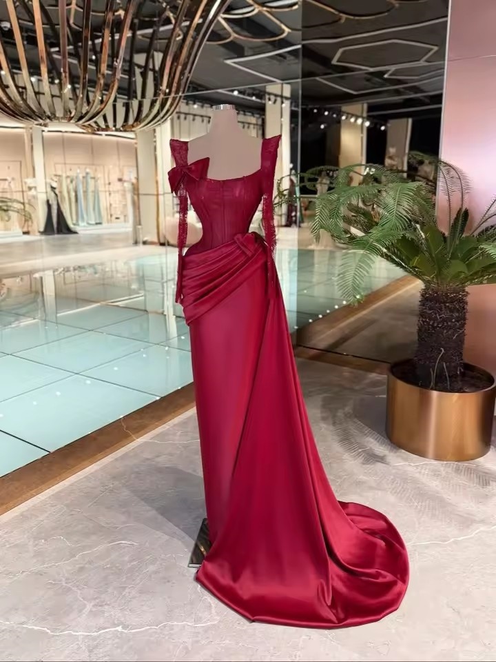 Simple Evening Dresses Lace Long Sleeves Prom Dress Detachable Train Mermaid Slim Bow Princess Party Gowns Vestidos De Noche Plus Size