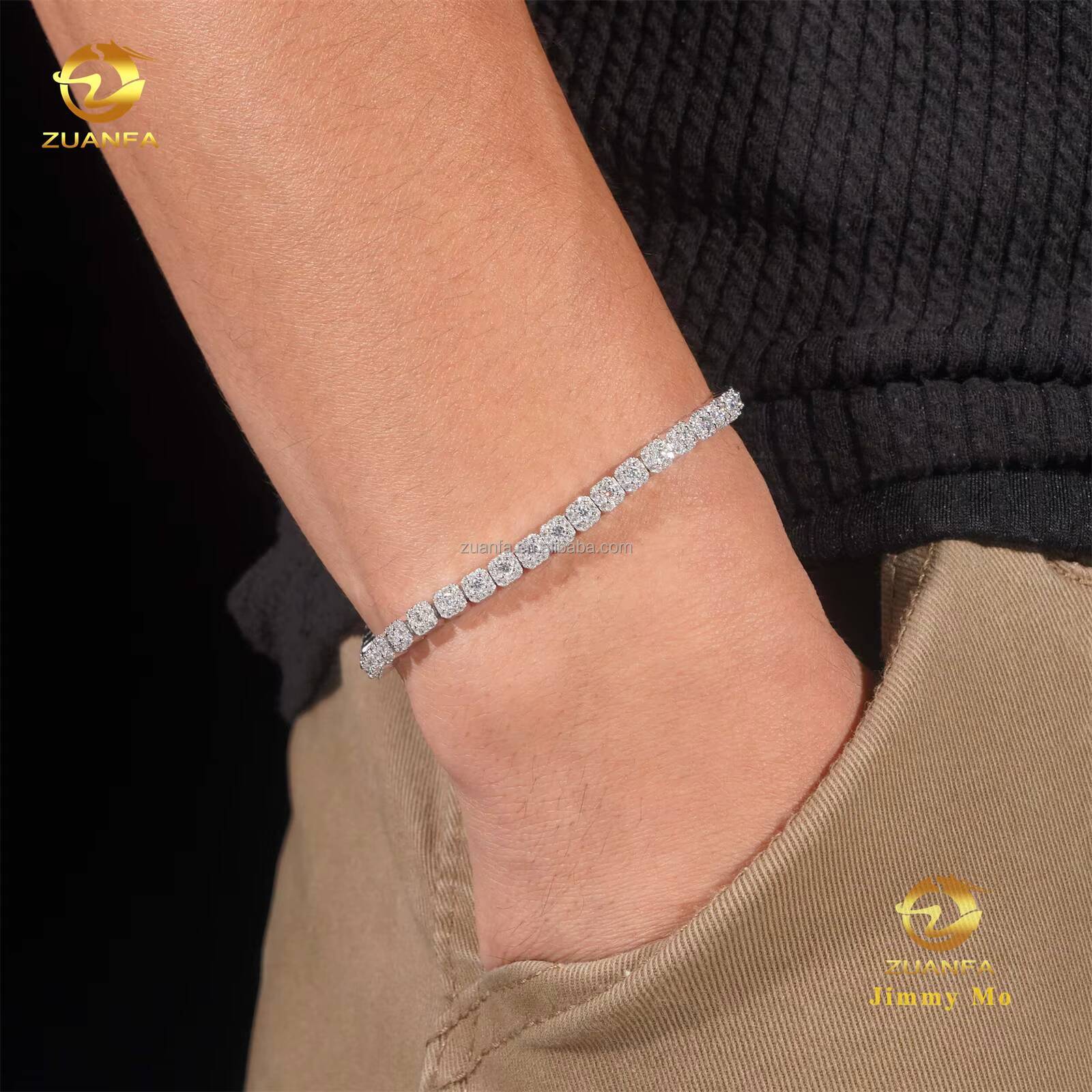 New Design Elegant Claw Setting 4mm 925 Solid Silver Hip Hop Jewelry D VVS Moissanite Diamond Cluster Tennis ChainBracelet Set