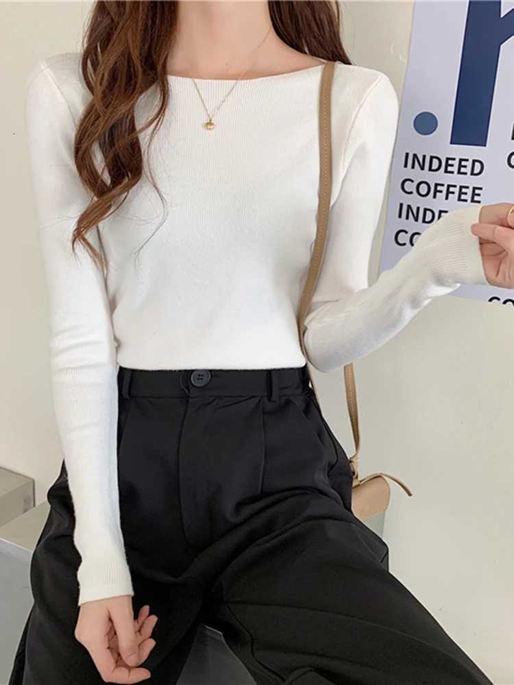 Autumn Winter Women Sweaters Slash Neck Slim Knitted Pullovers chic Basic Solid Jumper Female Sweater Casual Tops Z250905