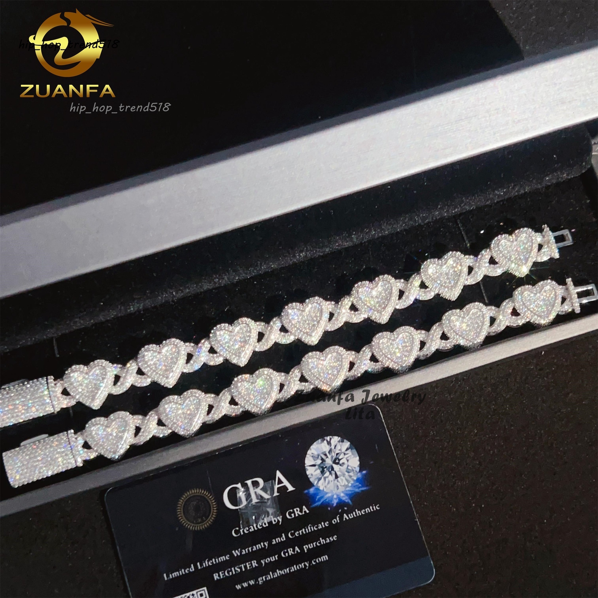 Iced Out Jewelry Heart Infinity Hip Hop Sparkle 925 Sterling Silver VVS Moissanite Diamond Cuban Link Bracelet