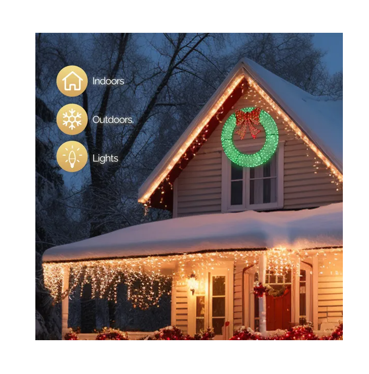48in Pre-Lit Outdoor Christmas Wreath Decoration LED Metal Holiday Decor for Home Exterior Garden w/ 315 Lights Bow Green/Red