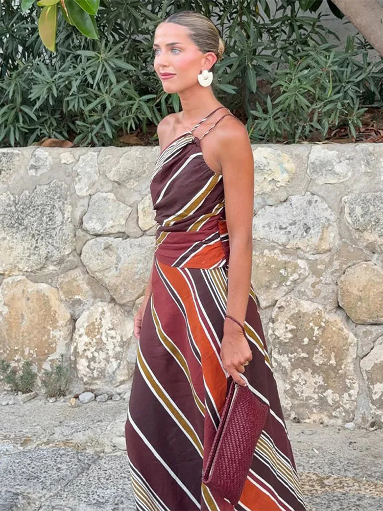 Striped Strap Sleeveless Backless Long Dress Women High Waist Vacation Street 2025 Female Dresses Party Club Chic Lady Robe 250905