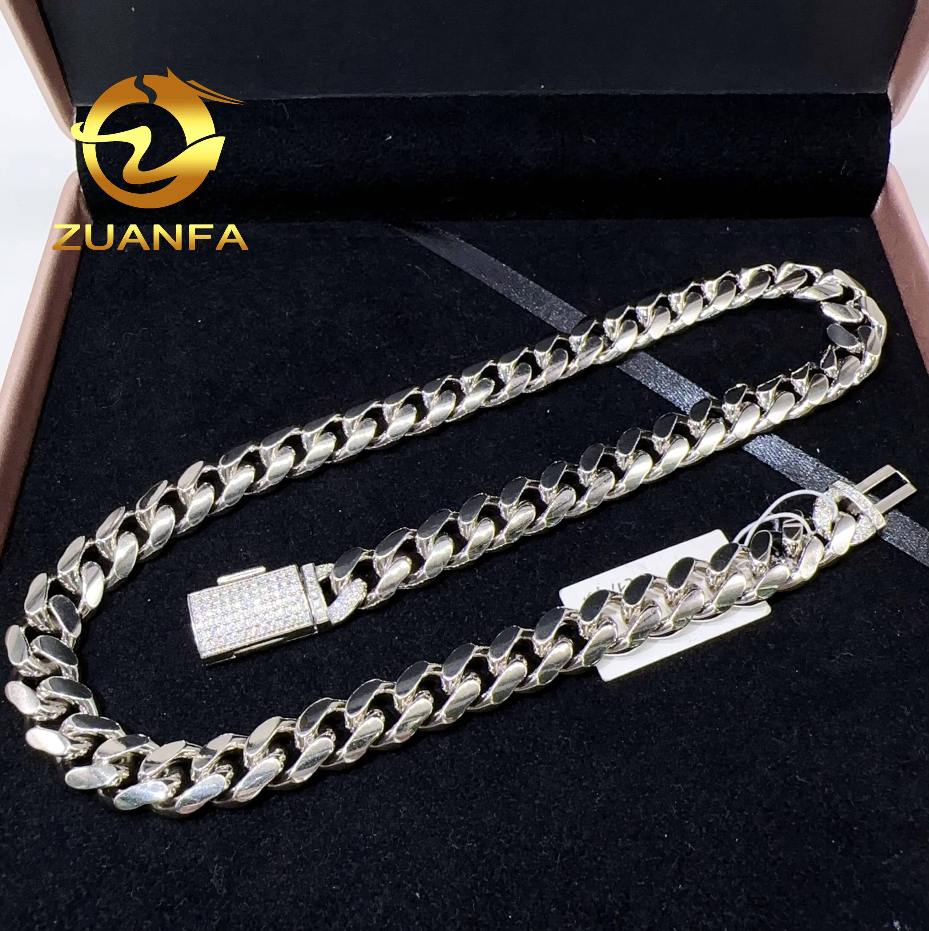 Wholesale Hip Hop Jewelry Luxury 12mm Moissanite Clasp Solid Sterling Silver Miami Cuban Link Chain Necklace for Men