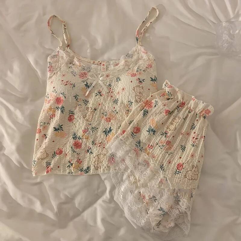 2025 New Bow design Flower Strap Pajama with Chest Mat for Women's S Summer Printed Thin Lace Top and Shorts Two Piece Pajama Set, Suitable for S