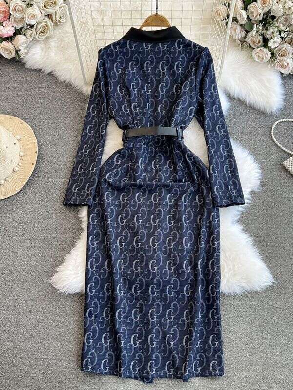 Spring And Autumn High-End Socialite Elegant Long-Sleeve Turn-Down Collar Elegant Waist-Cinching Mid-Length A-Line Letter Print Shirt Dress