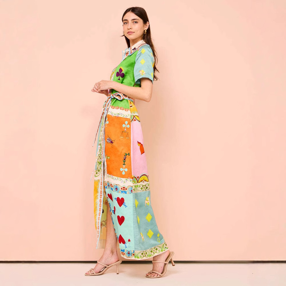 2025 Spring New Womens Fashion Elegant Printed Cardigan Lapel Tie Dress