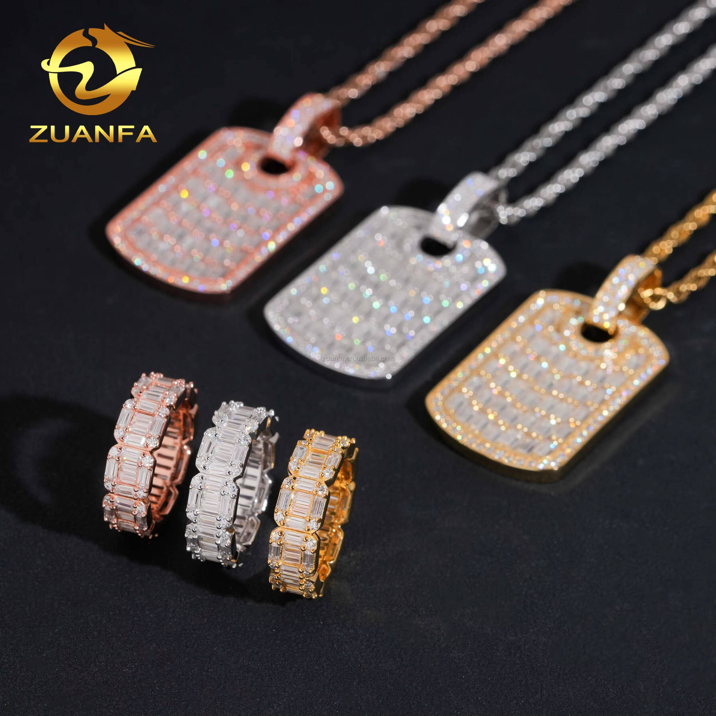 Drop Shipping Luxury Jewelry Hip Hop Pendant 925 Silver Vvs Baguette Moissanite Diamond Tag Pendant Band Ring Set With GRA