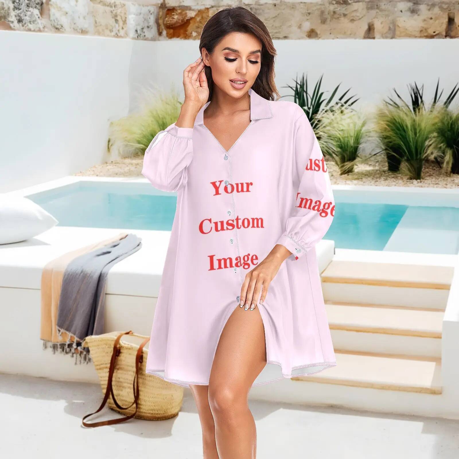 Bikini Cover Up Women Beach Shirts Customized images Swimsuit Cape 2025 New Summer Long Sleeve Tunic Swimwear Outfits