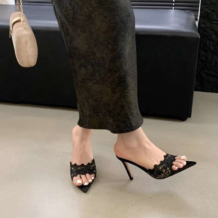 35-42 Plus Size Elegant Champagne Lace Embroidered Pointed High Heels Feminine Peep Stiletto Open Toe Slip-On Sandals